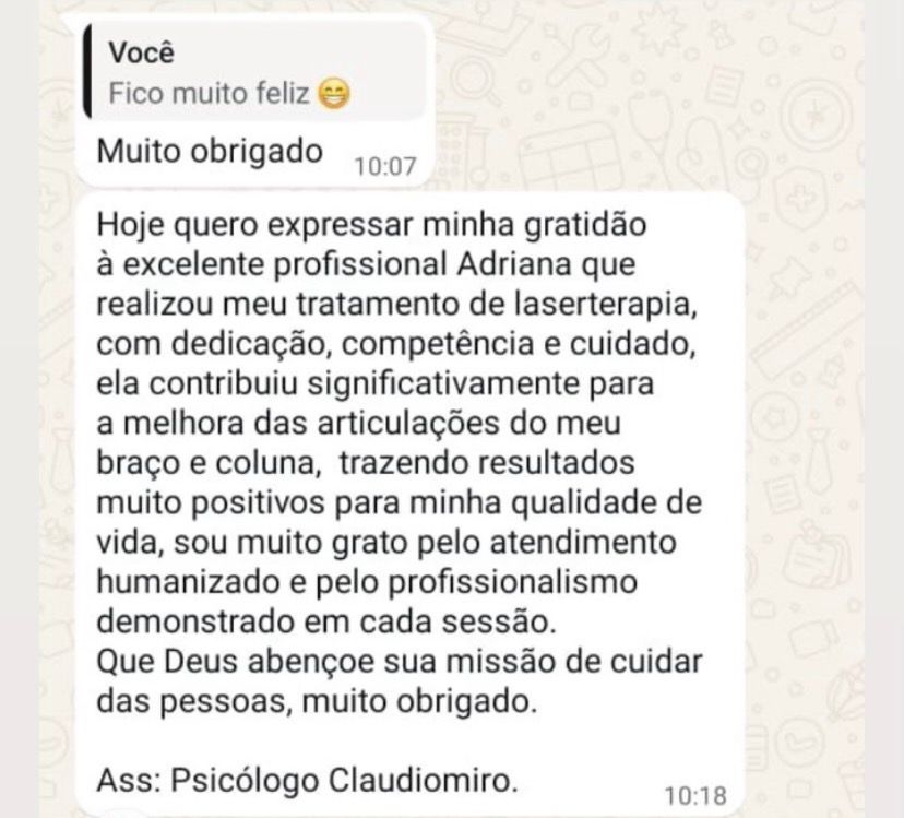 Depoimento por WhatsApp de paciente após tratamento de laserterapia com Adriana