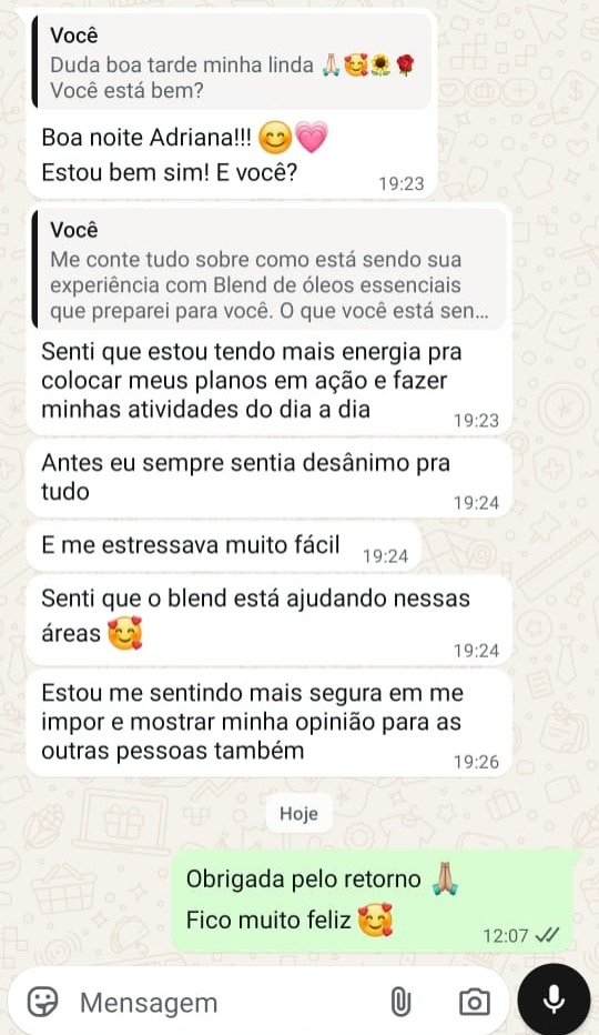 Depoimento por WhatsApp de paciente sobre blend de óleos essenciais com Adriana